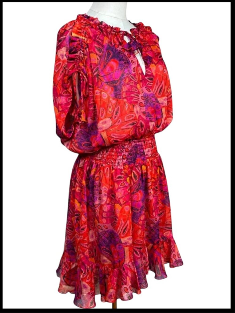 MISA Los Angeles Dominique Mini Dress Red Pink Smocked Ruffle XL - Picture 4 of 9